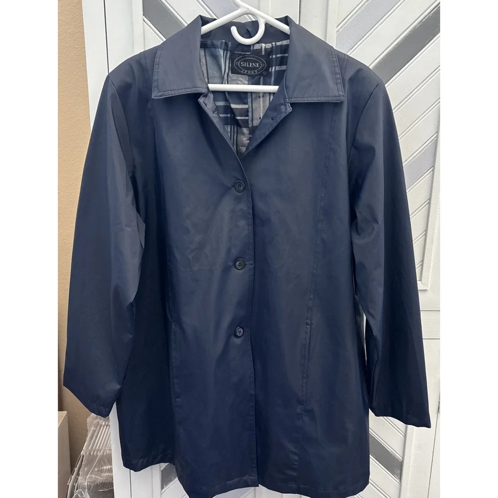 Selene Sport Women's VTG 2X Navy Slicker Raincoat Fully Lined Long Sleeve Jacket